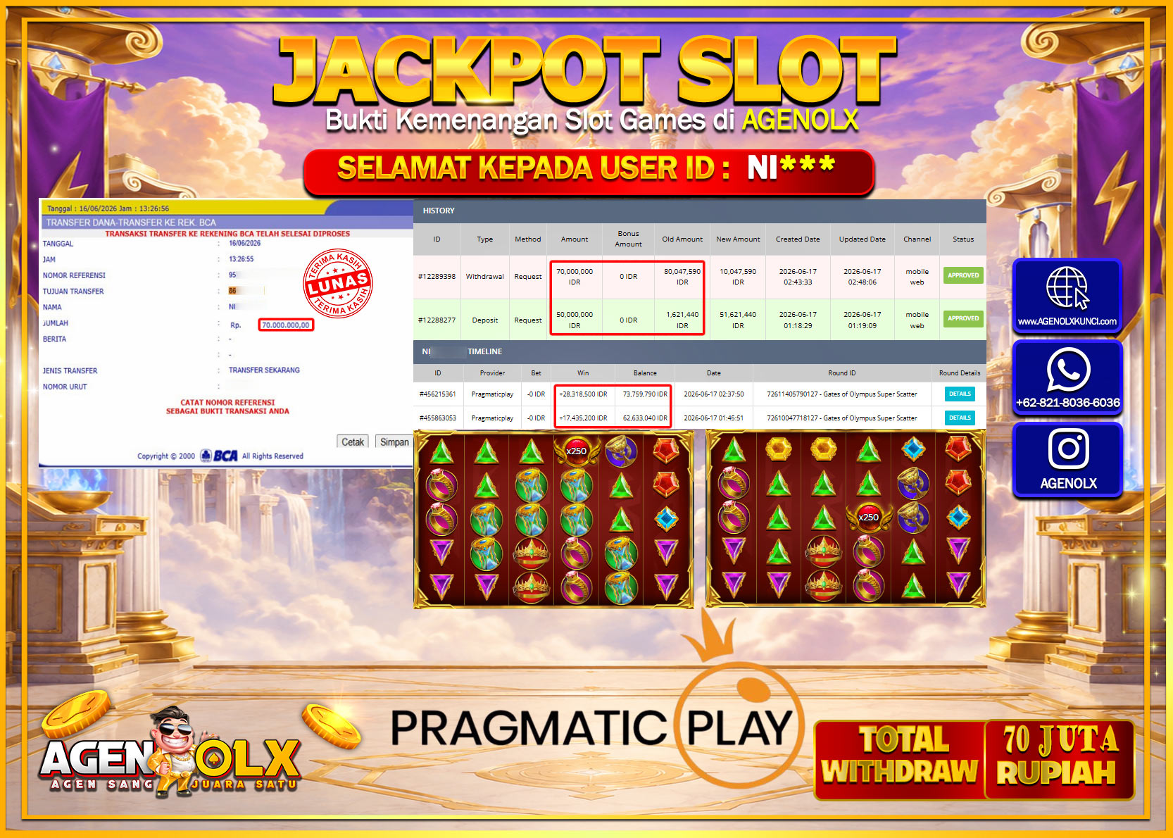 AGENOLX JACKPOT SLOT GATES OF OLYMPUS SUPER SCATTER   Rp 70.000.000- LUNAS