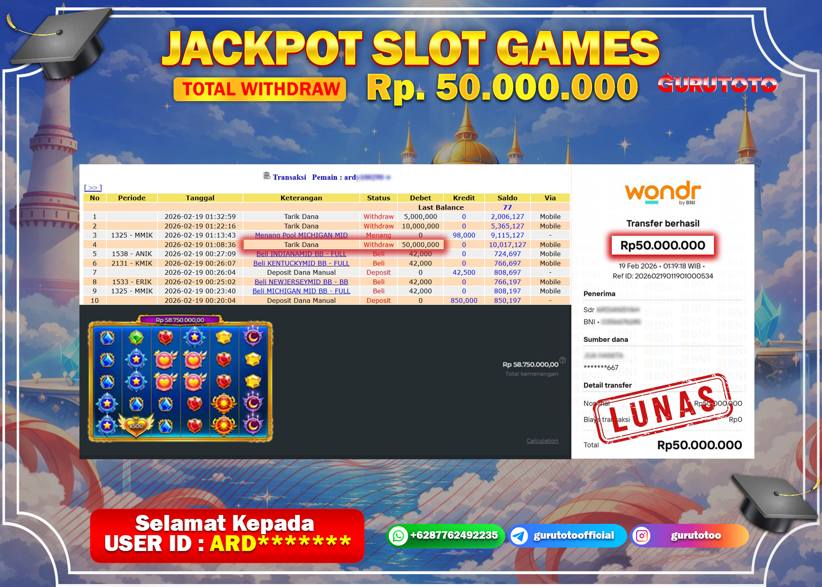 Bukti Kemenangan Rp 50.000.000 STARLIGHT PRINCESS di GURUTOTO !