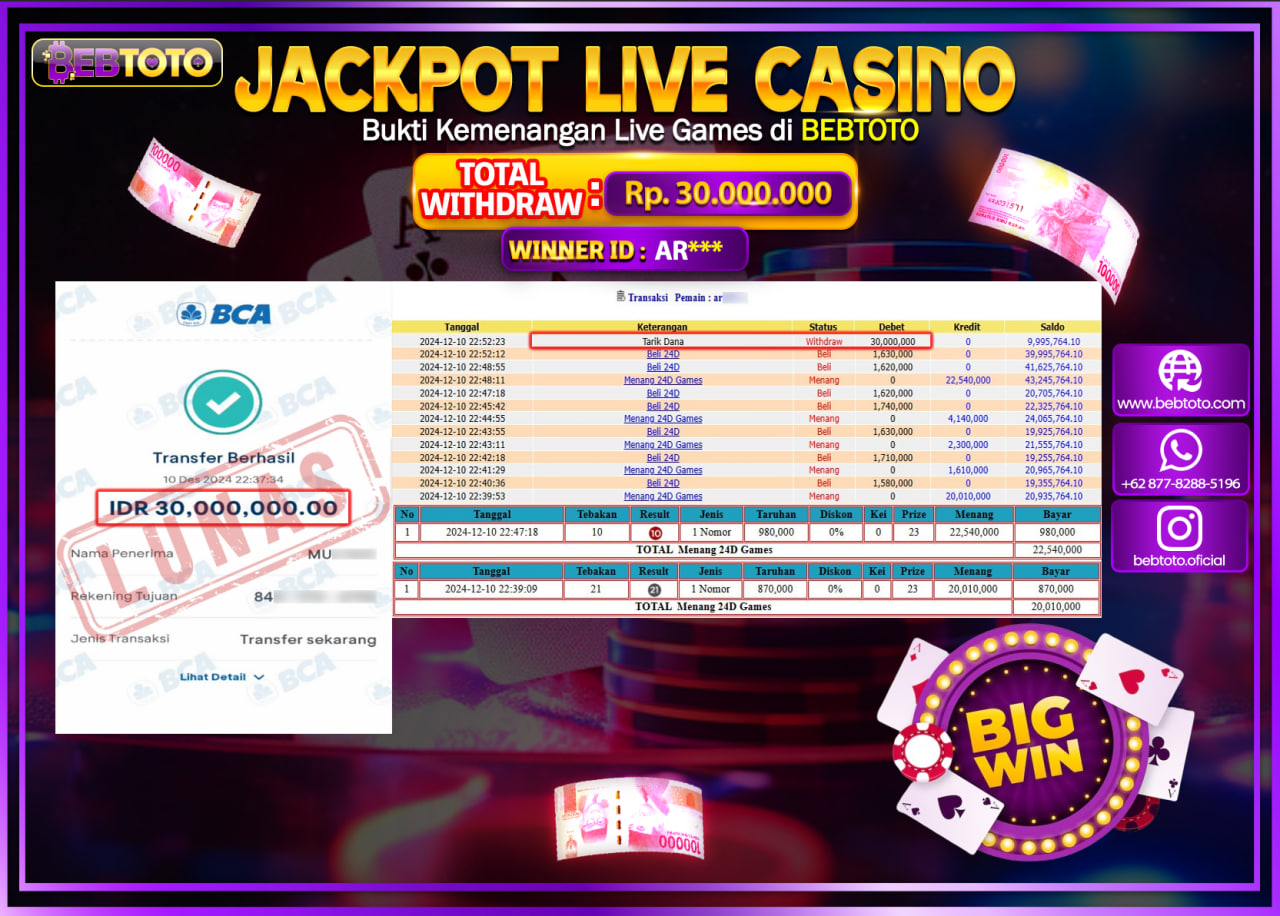 JACKPOT LIVE CASINO BEBTOTO 24D GAMES Rp.30.000.000.,- LUNAS