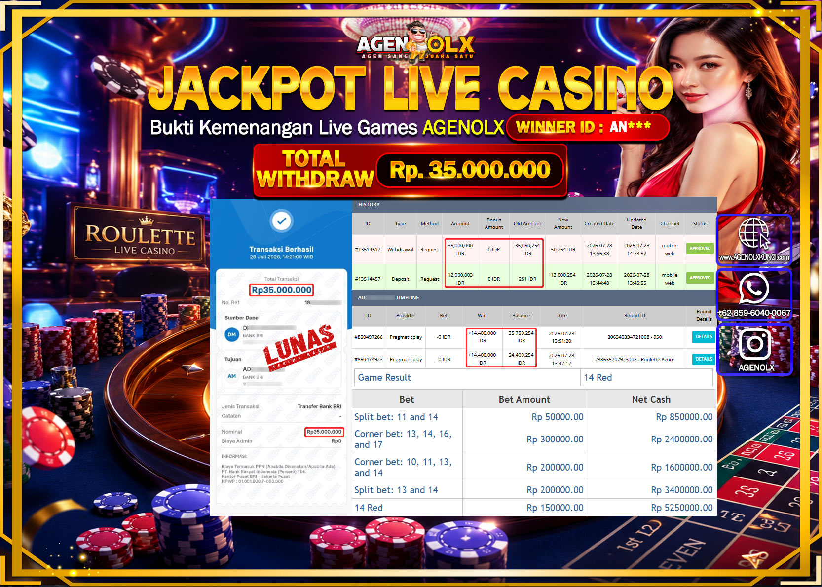 AGENOLX JACKPOT LIVE CASSINO ROULETTE AZURE  Rp 35.000.000 -LUNAS