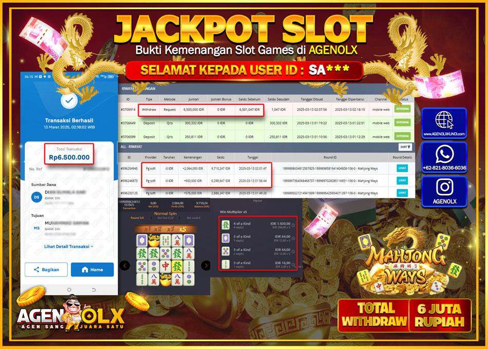 AGENOLX JACKPOT  SLOT MAHJONG WAYS  Rp 6.500.000,- LUNAS