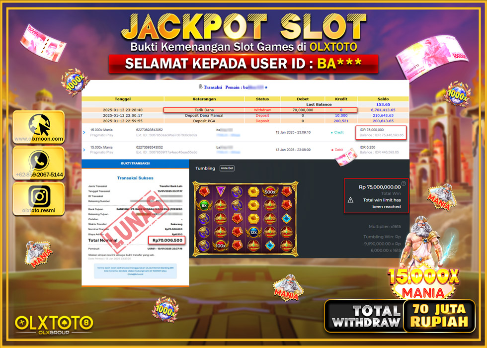 OLXTOTO JACKPOT  SLOT 15.000x MANIA  Rp.70.000.000.,- LUNAS