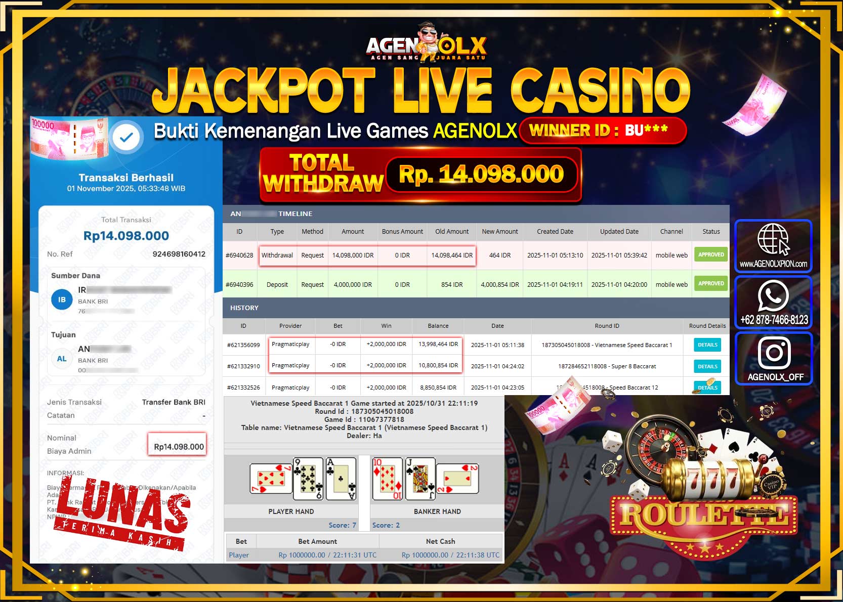 AGENOLX JACKPOT LIVE CASINO VIETNAM SPEED BACCARAT 1  Rp 14,098,000,- LUNAS