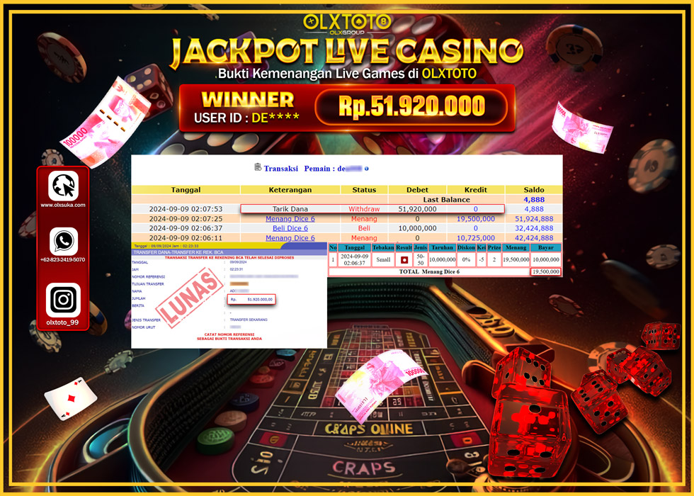 OLXTOTO JACKPOT  LIVE GAMES DICE 6 Rp.51.920.000.,- LUNAS