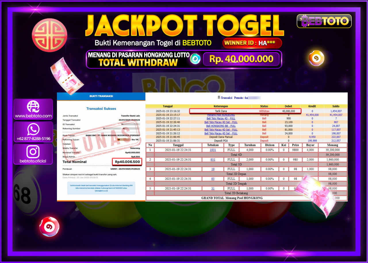 JACKPOT TOGEL BEBTOTO HONGKONG LOTTO Rp.40.000.000.,- LUNAS