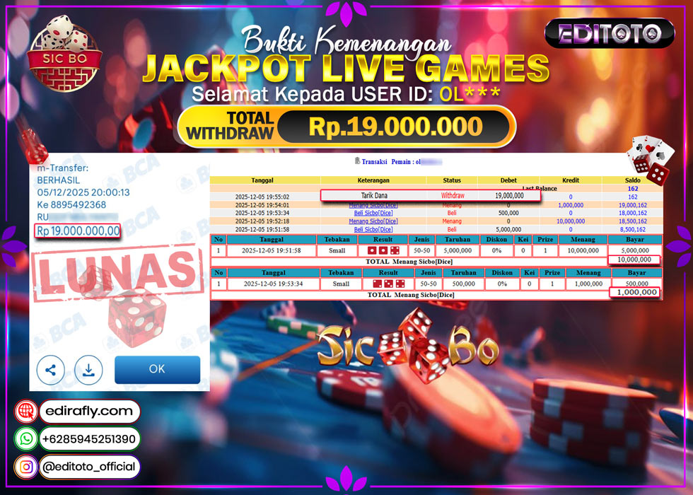JACKPOT EDITOTO LIVE GAMES SICBO DICE Rp. 19.000.000.,- LUNAS