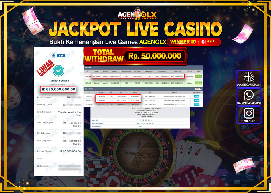 AGENOLX JACKPOT MEGA ROULATE Rp 50,000,000,- LUNAS