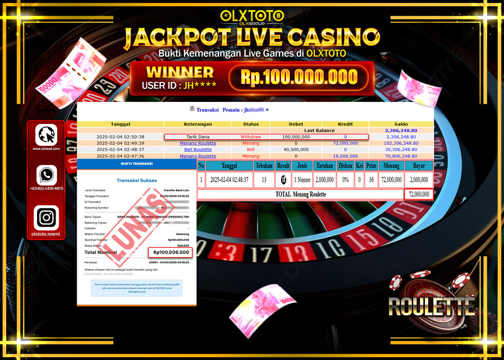 OLXTOTO JACKPOT  LIVE GAMES ROULETTE Rp.100.000.000.,- LUNAS
