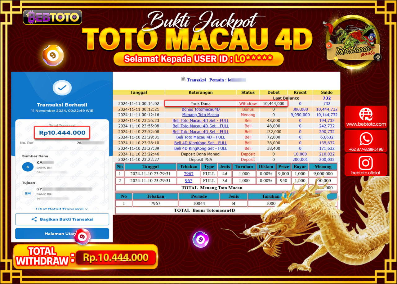 JACKPOT LIVE CASINO BEBTOTO TOTO MACAU Rp.10.444.000.,- LUNAS