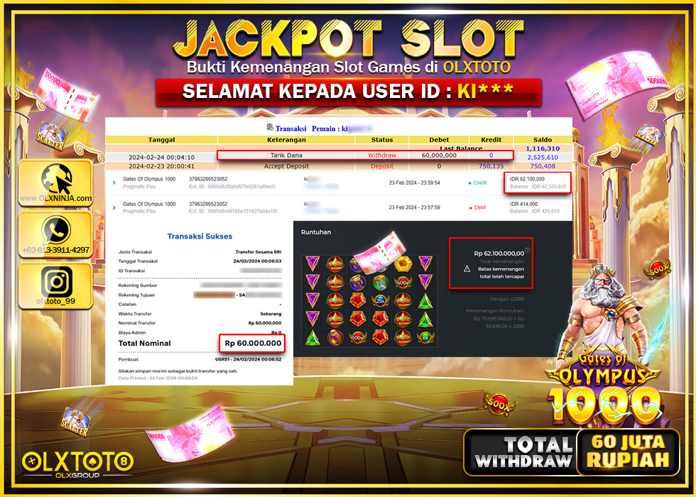 OLXTOTO JACKPOT SLOT GATES OF OLYMPUS 1000 Rp.60.000.000.,- LUNAS