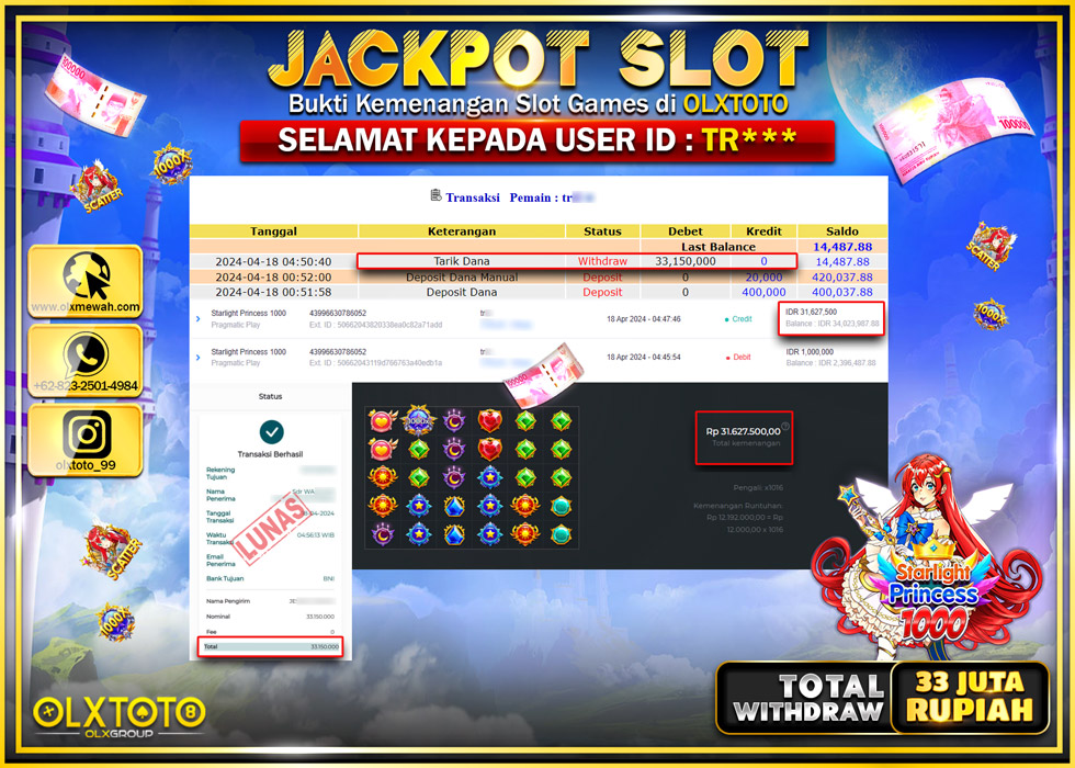 OLXTOTO JACKPOT SLOT STARLIGHT PRINCESS 1000 Rp.33.150.000.,- LUNAS