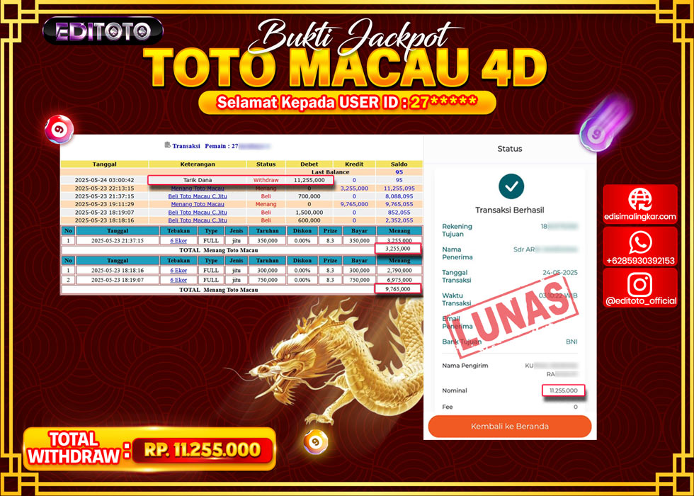 JACKPOT EDITOTO TOGEL PASARAN MACAU 4D Rp.11.255.000.,- LUNAS
