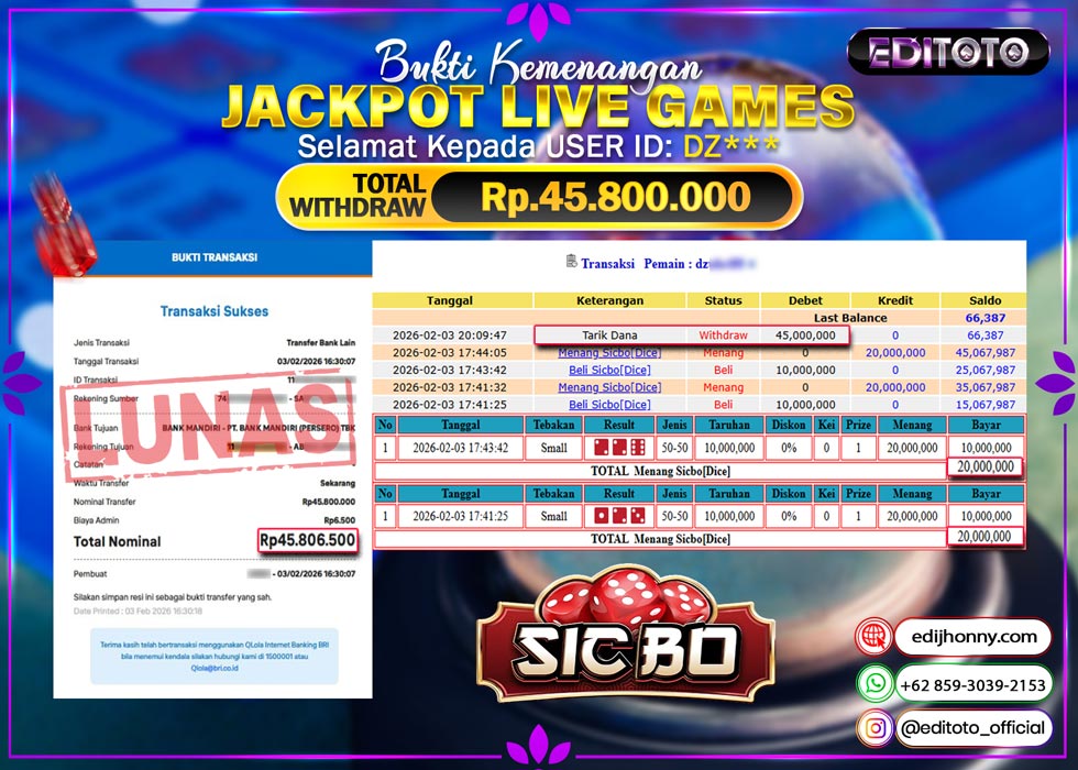 JACKPOT EDITOTO LIVE GAMES SICBO DICE Rp. 45.800.000.,- LUNAS