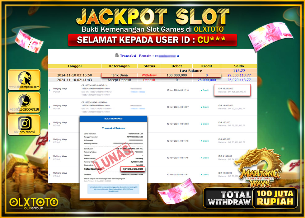 OLXTOTO JACKPOT  SLOT MAHJONG WAYS  Rp.100.000.000.,- LUNAS