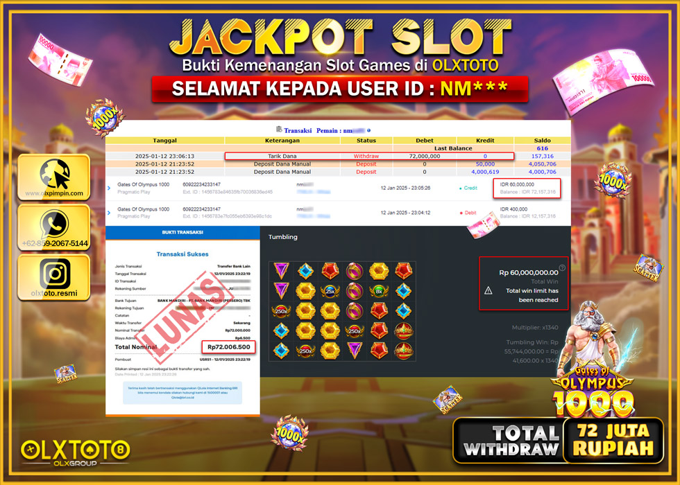 OLXTOTO JACKPOT  SLOT GATES OF OLYMPUS 1000  Rp.72.000.000.,- LUNAS