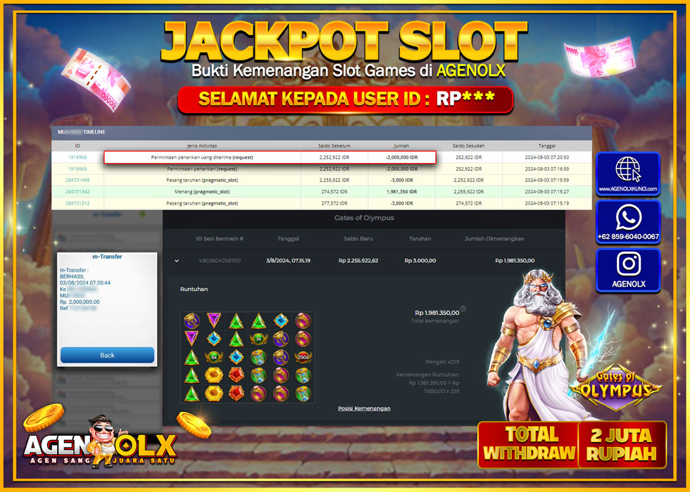 AGENOLX JACKPOT SLOT GATES OF OLYMPUS Rp.2.000.000,- LUNAS