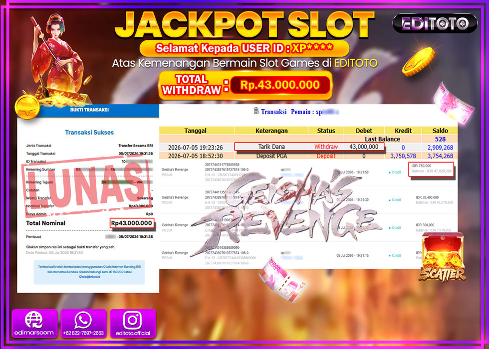 JACKPOT EDITOTO SLOT GEISHAS REVENGE Rp.43.000.000,- LUNAS