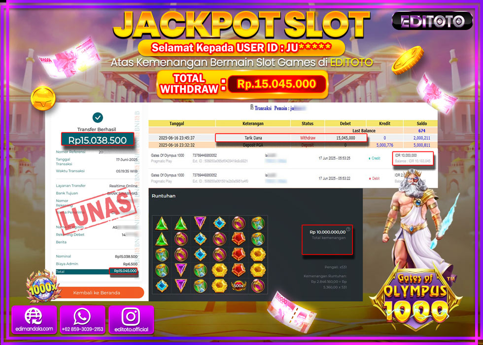JACKPOT EDITOTO SLOT GATES OF OLYMPUS 1000 Rp.15.045.000,- LUNAS