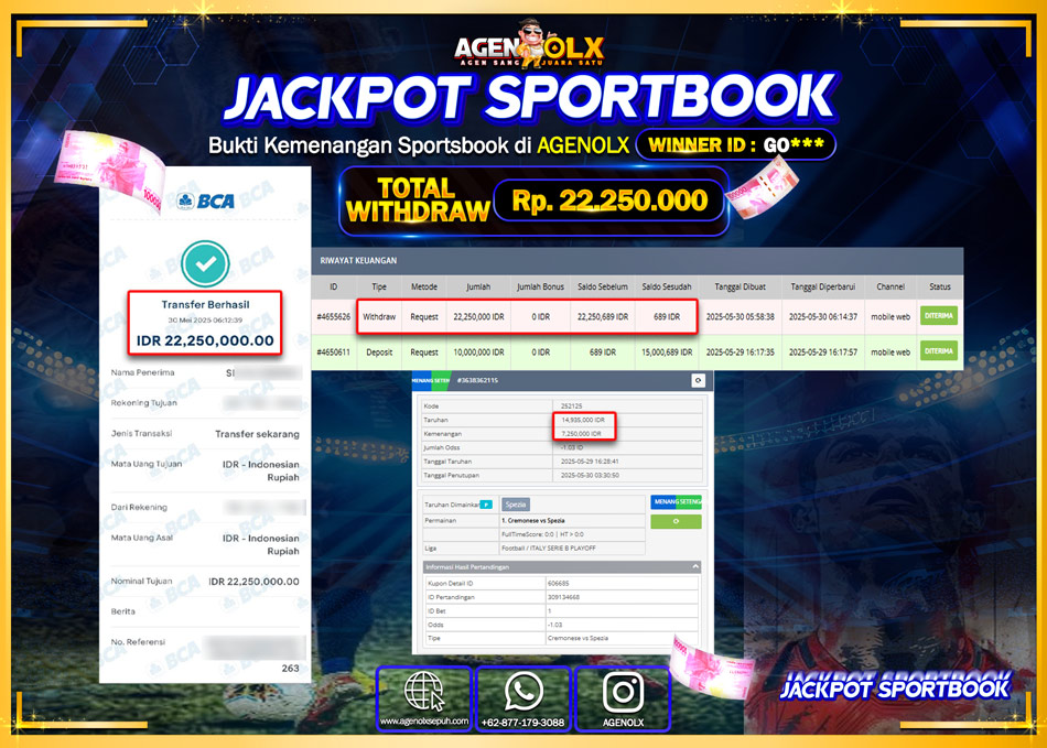 AGENOLX JACKPOT SPORTBOOK Rp 22.250.000,- LUNAS