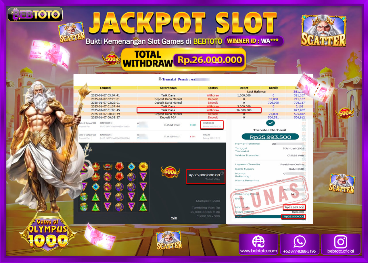 JACKPOT SLOT BEBTOTO GATES OF OLYMPUS 1000 Rp.26.000.000.,- LUNAS
