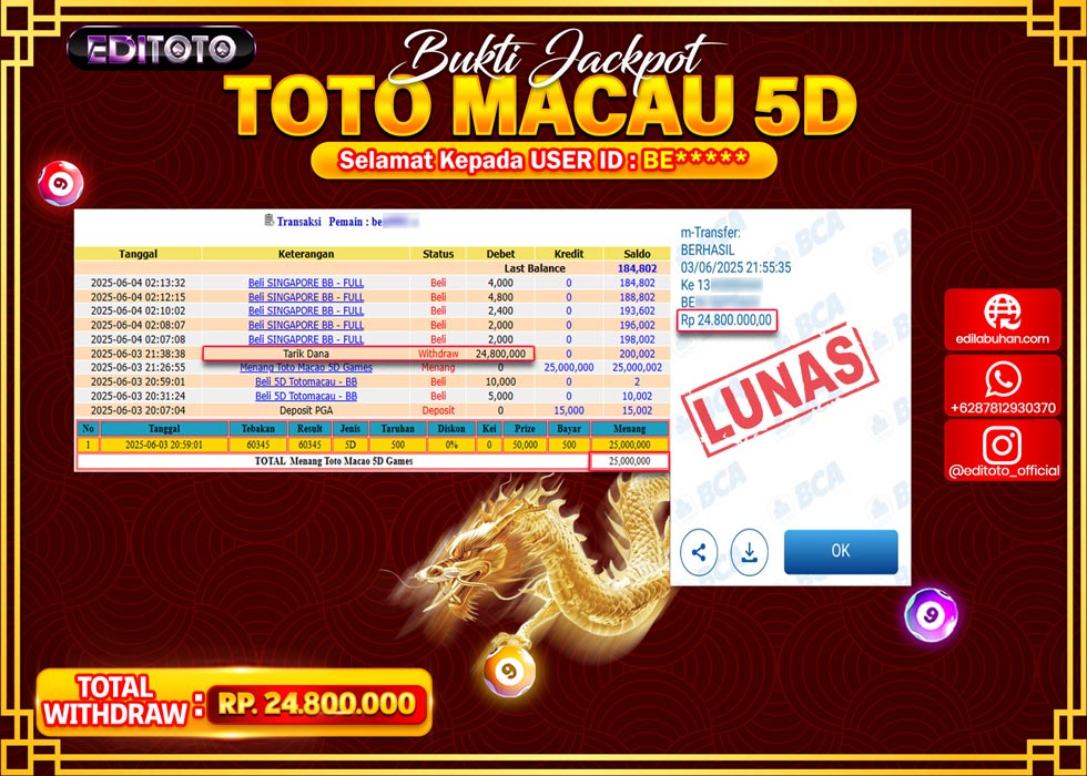 JACKPOT EDITOTO TOGEL PASARAN TOTO MACAU 5D Rp.24.800.000.,- LUNAS