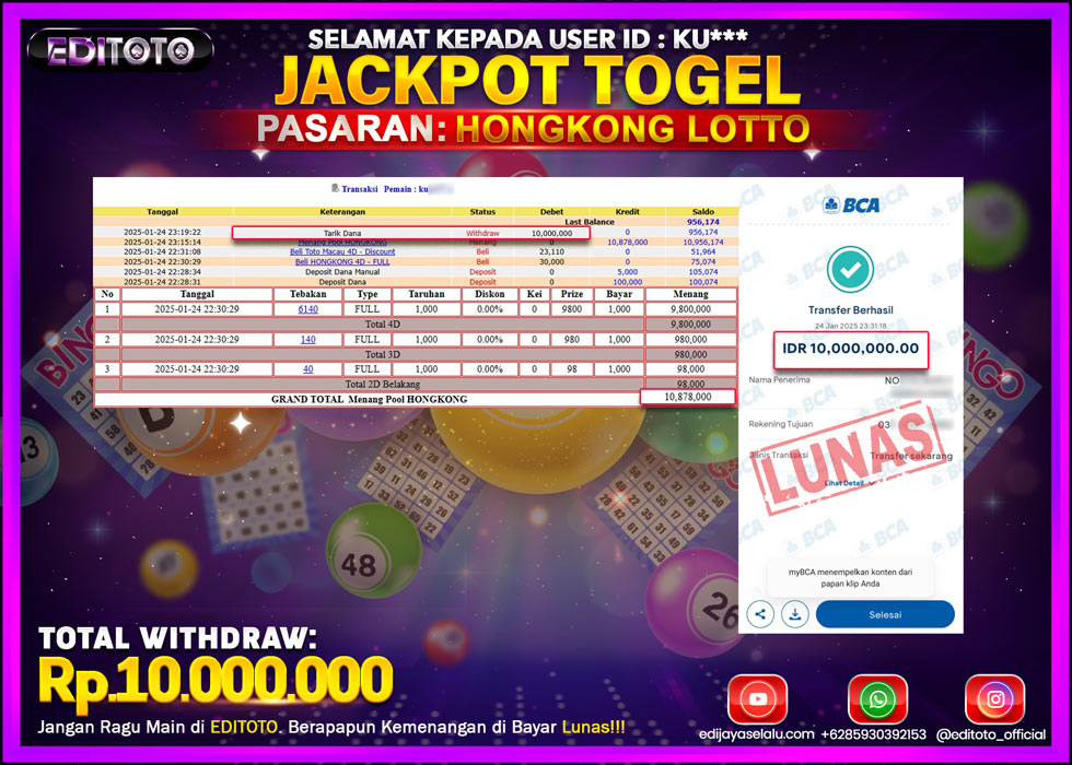 JACKPOT TOGEL PASARAN HONGKONG LOTTO Rp.10.000.000.,- LUNAS