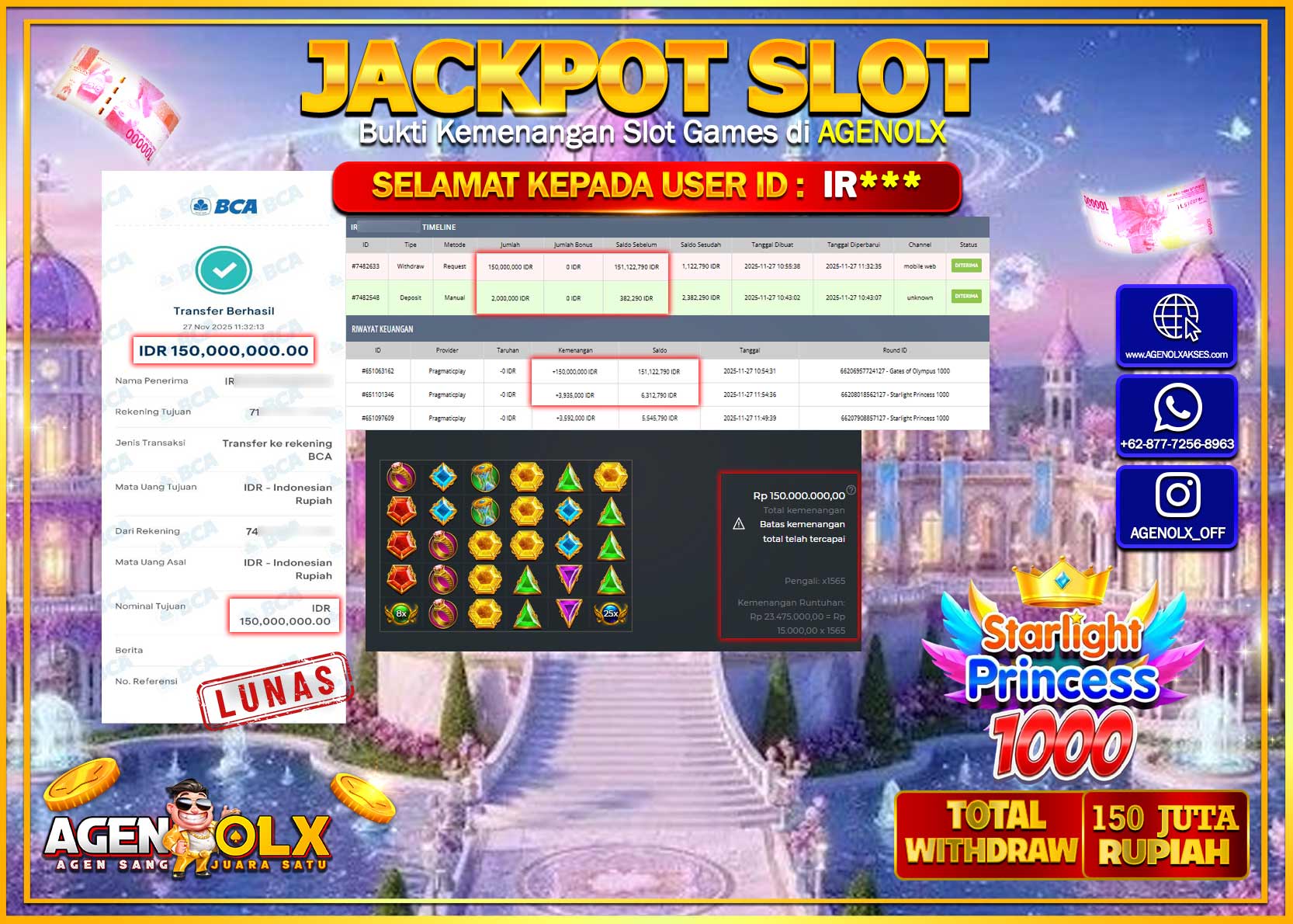 AGENOLX JACKPOT SLOT STARLIGHT PRINCES 1000 Rp 150,000,000,- LUNAS
