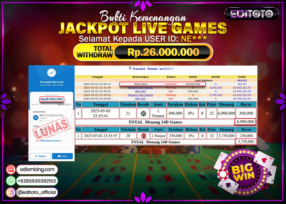 JACKPOT EDITOTO LIVE GAME 24D GAMES Rp.26.000.000.,- LUNAS