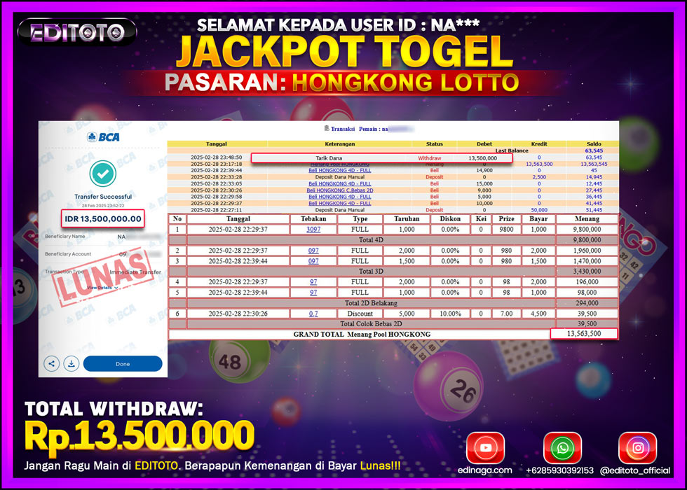 JACKPOT TOGEL PASARAN HONGKONG LOTTO Rp.13.500.000.,- LUNAS