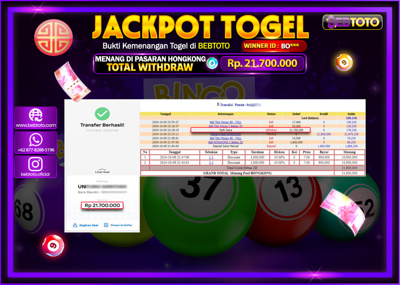 JACKPOT TOGEL BEBTOTO HONGKONG LOTTO Rp.21.700.000.,- LUNAS