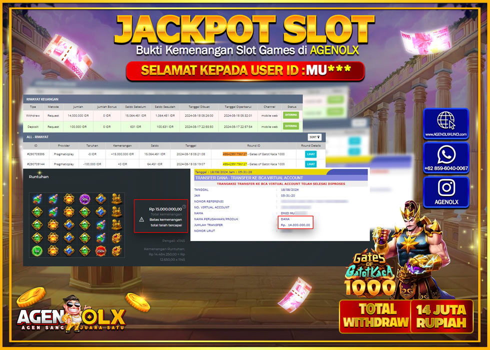 AGENOLX JACKPOT SLOT GATES OF GATOT KACA 1000 Rp.14.000.000,- LUNAS