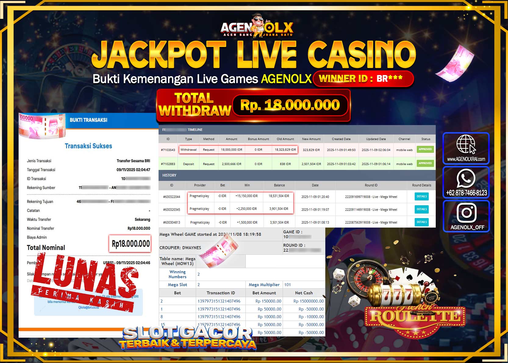 AGENOLX JACKPOT LIVE CASINO MEGA WHEEL   Rp 18,000,000,- LUNAS