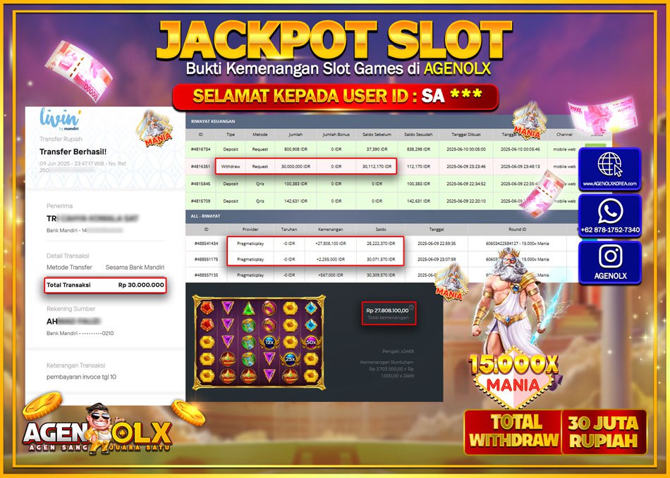AGENOLX JACKPOT SLOT 15.000X MANIA Rp 30.000.000,- LUNAS