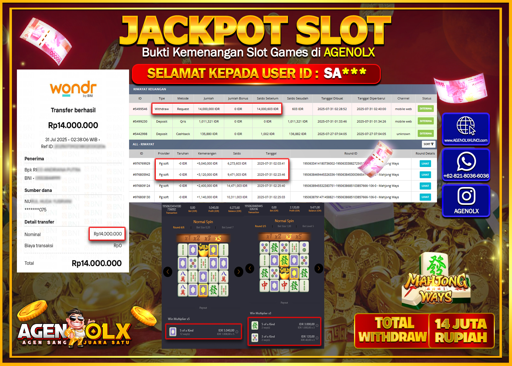 AGENOLX JACKPOT SLOT MAHJONG WAYS Rp 14.000.000,- LUNAS