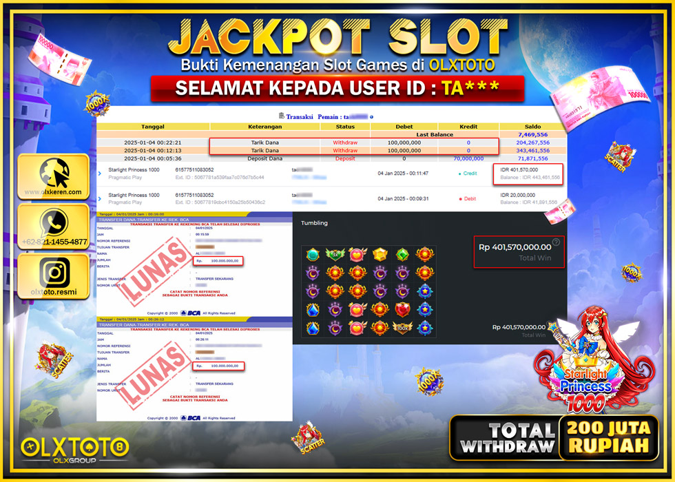 OLXTOTO JACKPOT  SLOT STARLIGHT PRINCESS 1000  Rp.200.000.000.,- LUNAS