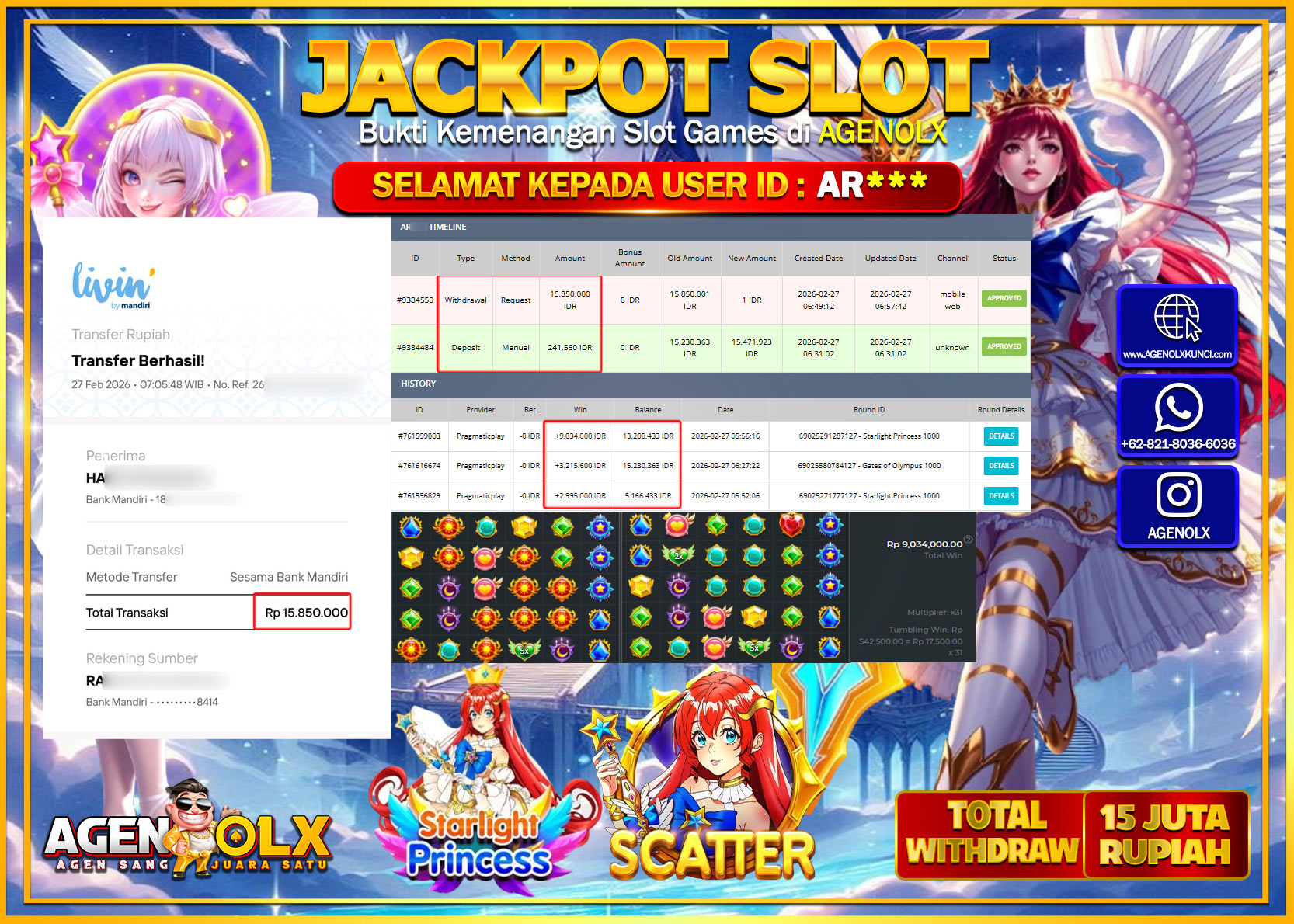 AGENOLX JACKPOT SLOT STARLIGHT PRINCESS 1000  Rp 15.850.000 - LUNAS