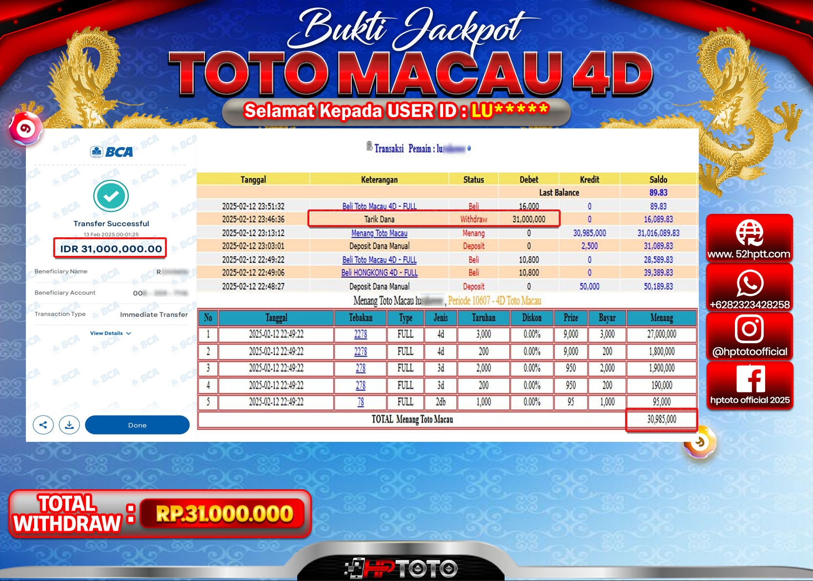 HPTOTO JACKPOT TOGEL PASARAN TOTOMACAU Rp.31.000.000,- LUNAS