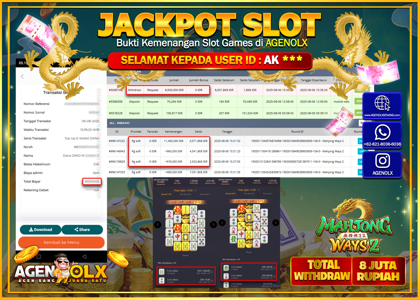 AGENOLX JACKPOT SLOT MAHJONG WAYS 2  Rp 8.000.000,- LUNAS
