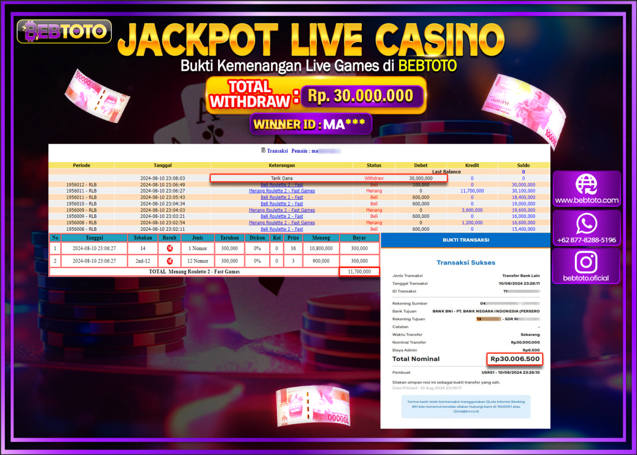 JACKPOT LIVE CASINO BEBTOTO Roulette Rp.30.000.000.,- LUNAS