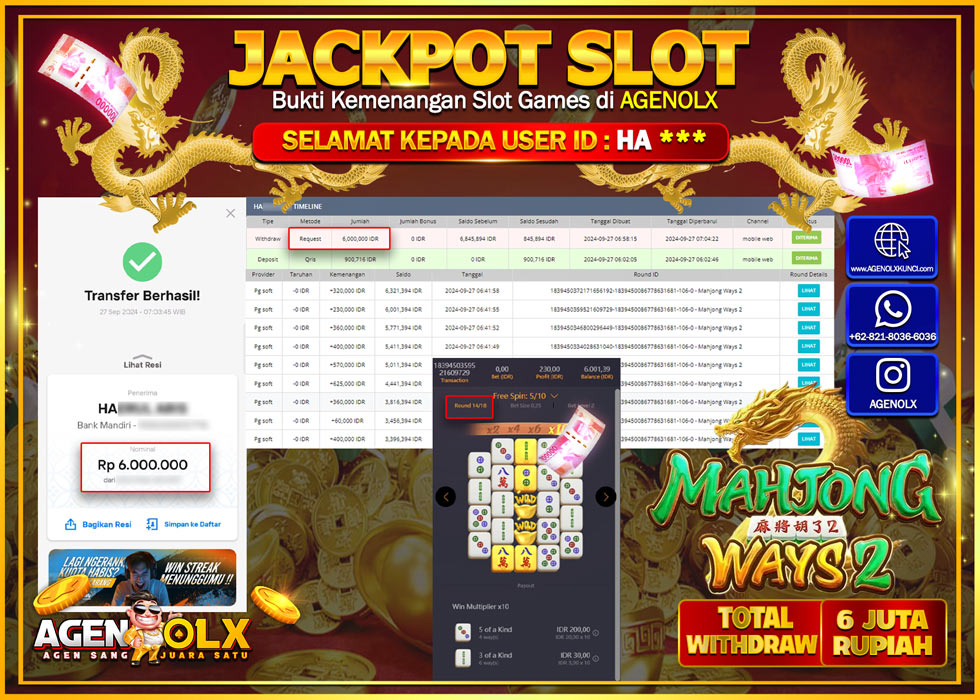 AGENOLX JACKPOT  SLOT MAHJONG WAYS 2 Rp.6.000.000,- LUNAS