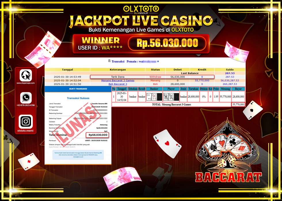 OLXTOTO JACKPOT  LIVE GAMES BACCARAT Rp.53.030.000.,- LUNAS