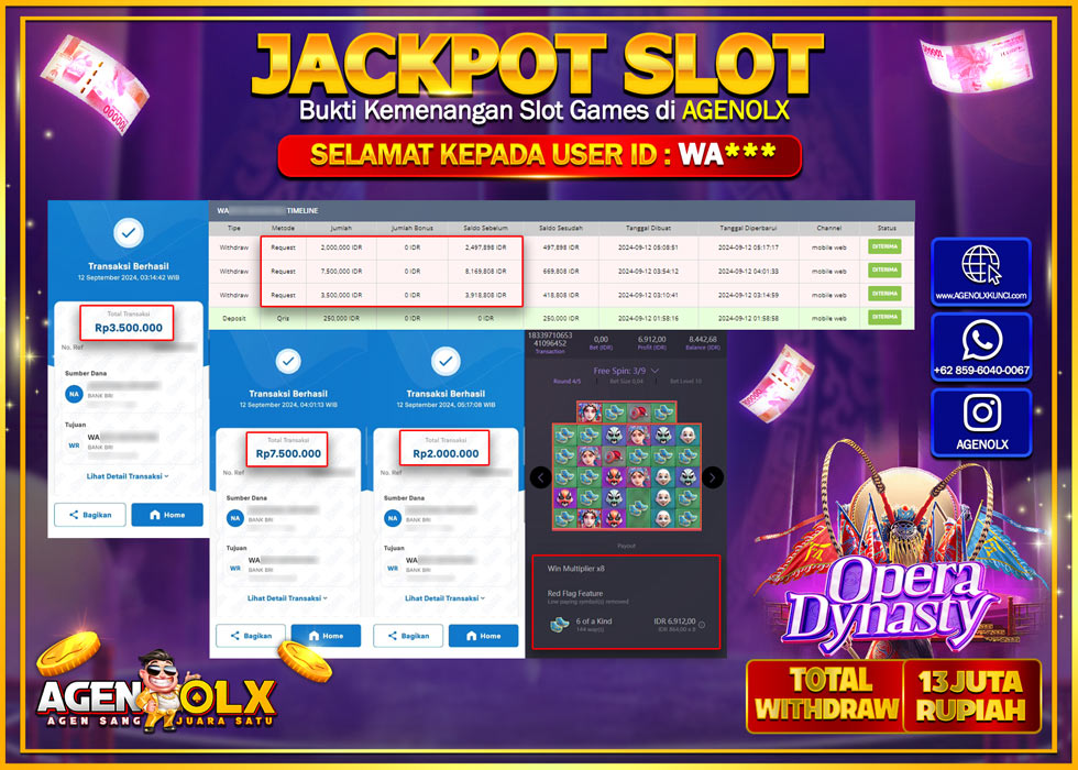 AGENOLX JACKPOT SLOT OPERA DYNASTY Rp.13.000.000,- LUNAS