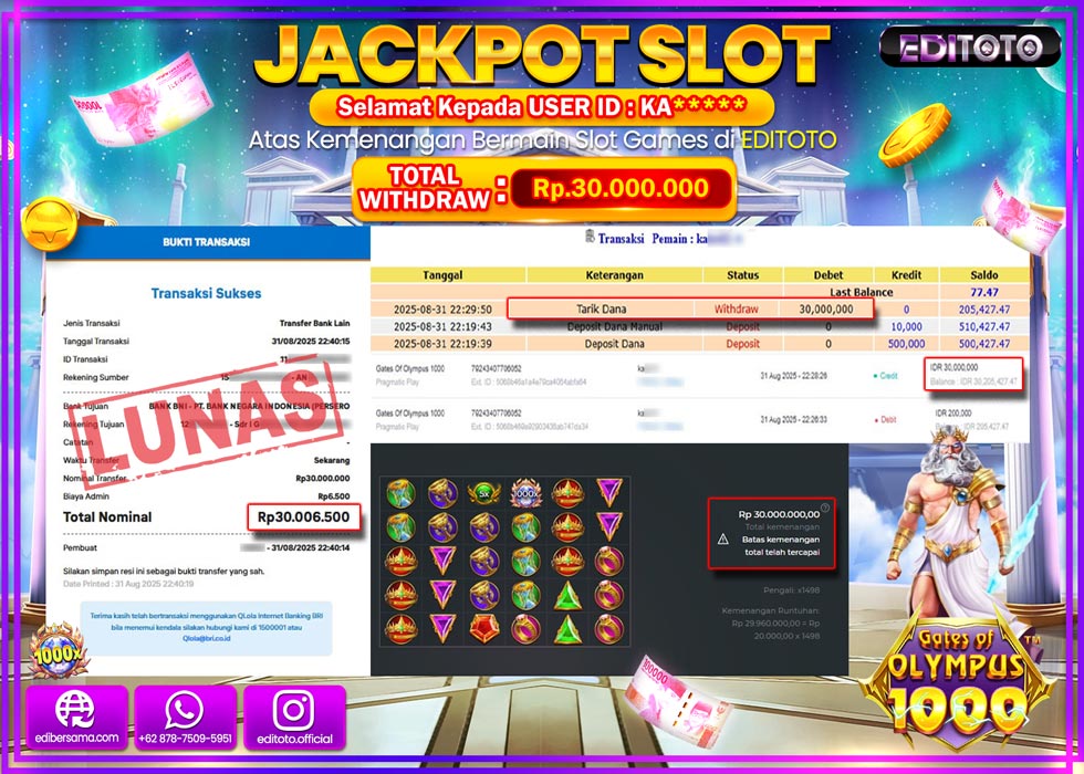JACKPOT EDITOTO SLOT GATES OF OLYMPUS 1000 Rp.30.000.000,- LUNAS 