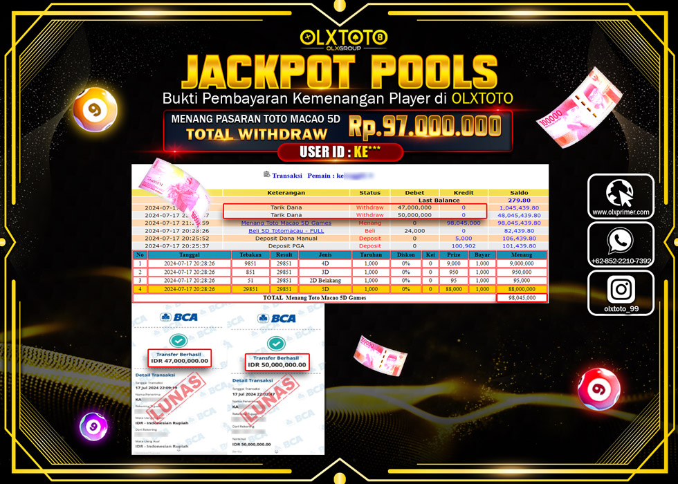 OLXTOTO JACKPOT  TOGEL TOTO MACAO 5D GAMES Rp.97.000.000.,- LUNAS