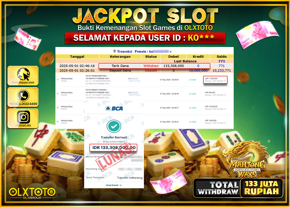 BINTANGSLOT77 JACKPOT SLOT MAHJONG WAYS  Rp.133.308.000.,- LUNAS