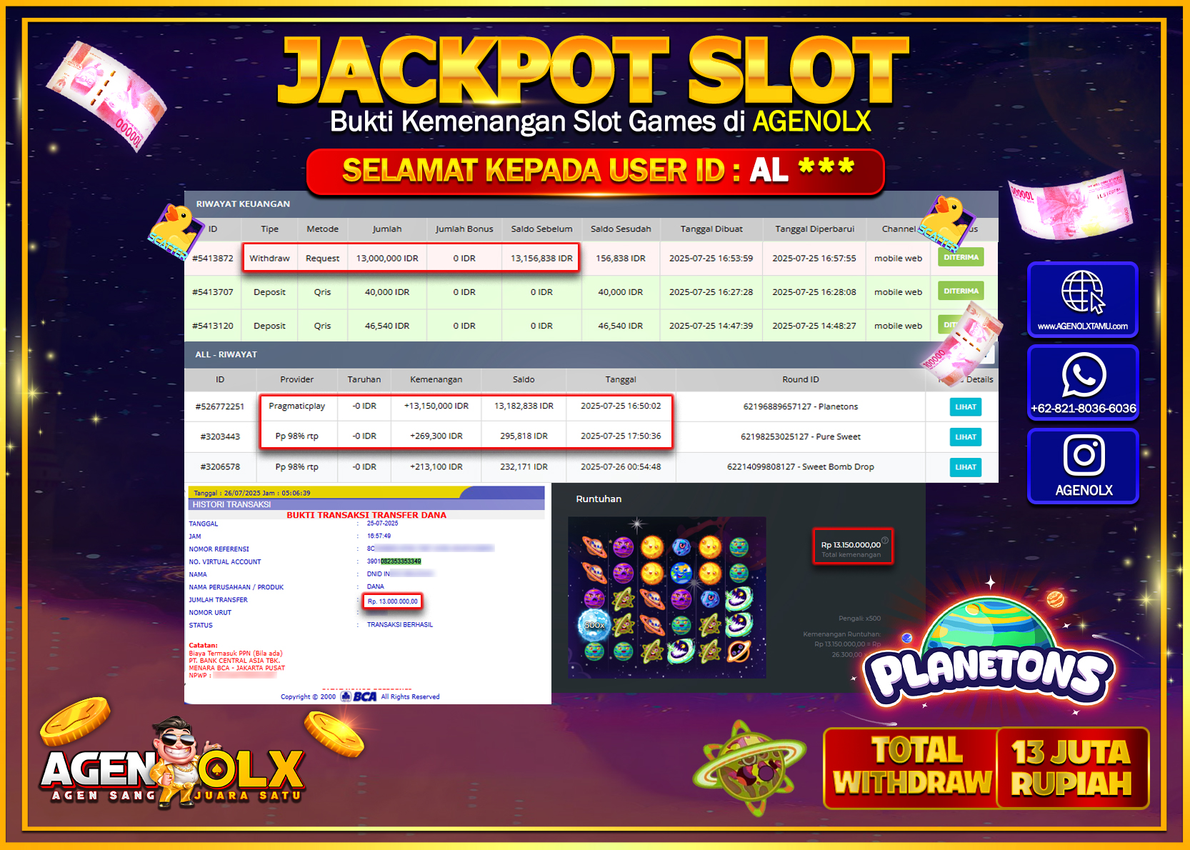 AGENOLX JACKPOT  SLOT PLANETONS Rp 13.000.000,- LUNAS