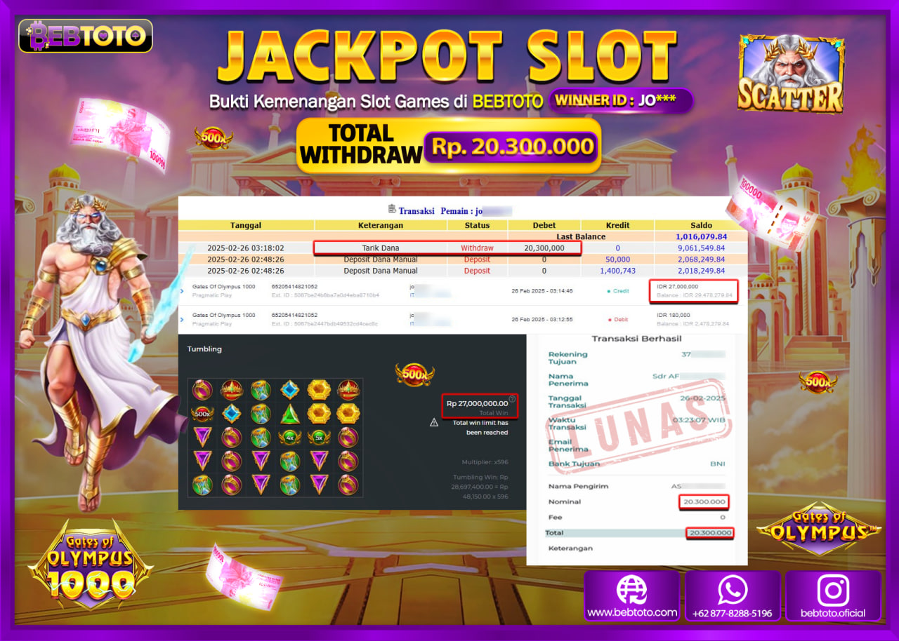 JACKPOT SLOT BEBTOTO GATES OF OLYMPUS 1000 Rp.20.300.000.,- LUNAS