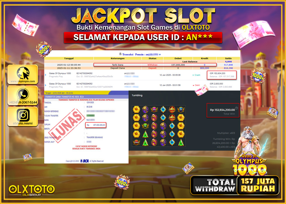 OLXTOTO JACKPOT  SLOT GATES OF OLYMPUS 1000  Rp.157.000.000.,- LUNAS