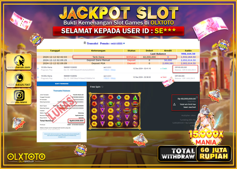 OLXTOTO JACKPOT  SLOT 15.000X MANIA  Rp.60.000.000.,- LUNAS