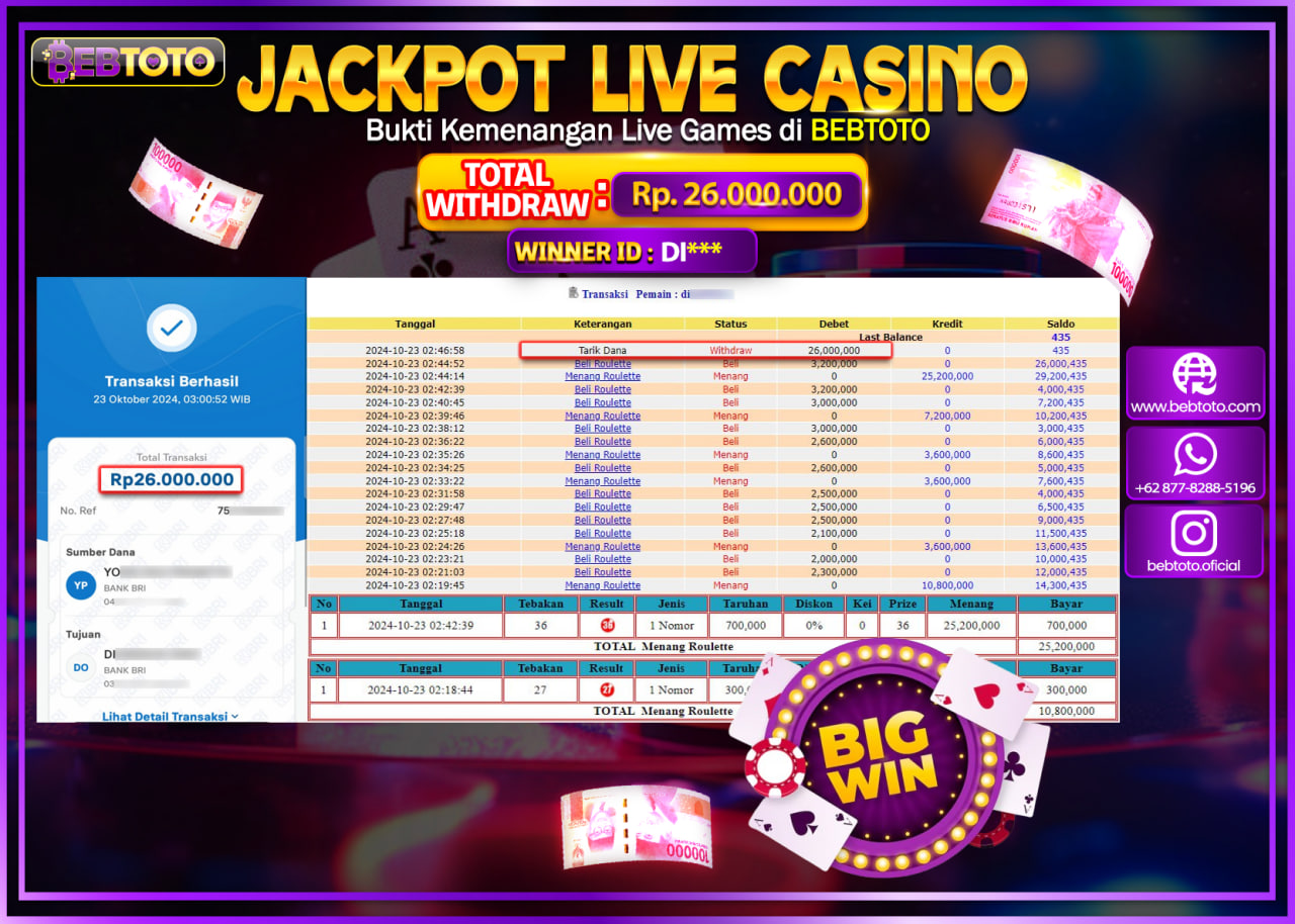 JACKPOT LIVE CASINO BEBTOTO ROULETTE Rp.26.000.000.,- LUNAS